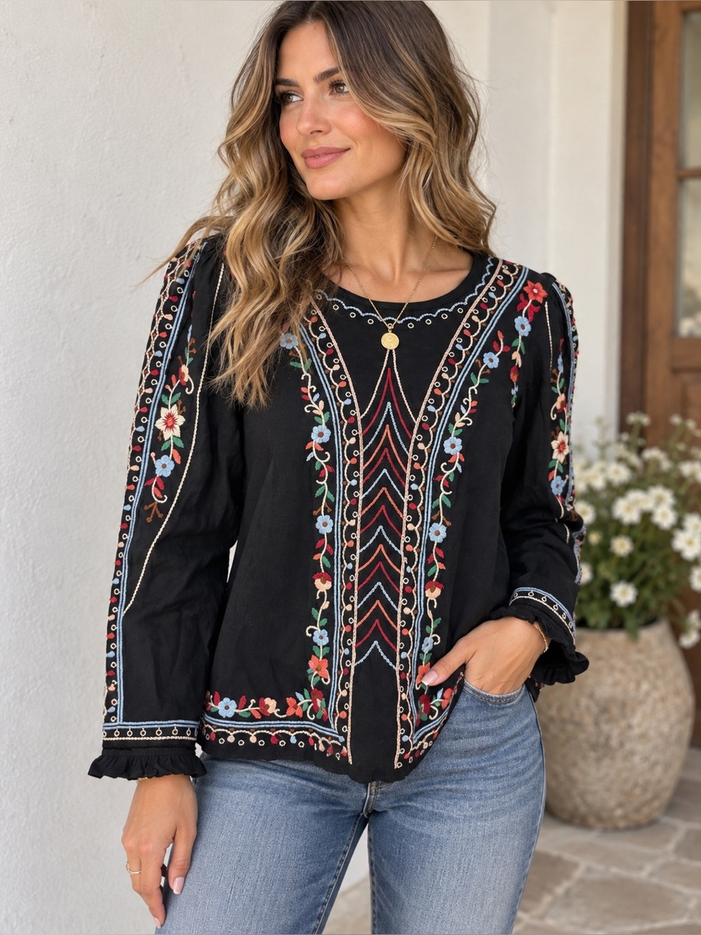 One September Black Embroidered Floral Boho Peasant Top Blouse Size S